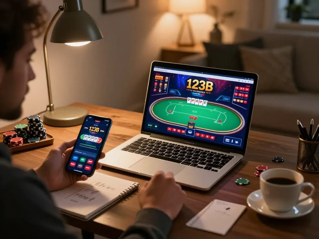 Player engaged with 123B casino app in a cozy home office setting for online gaming.