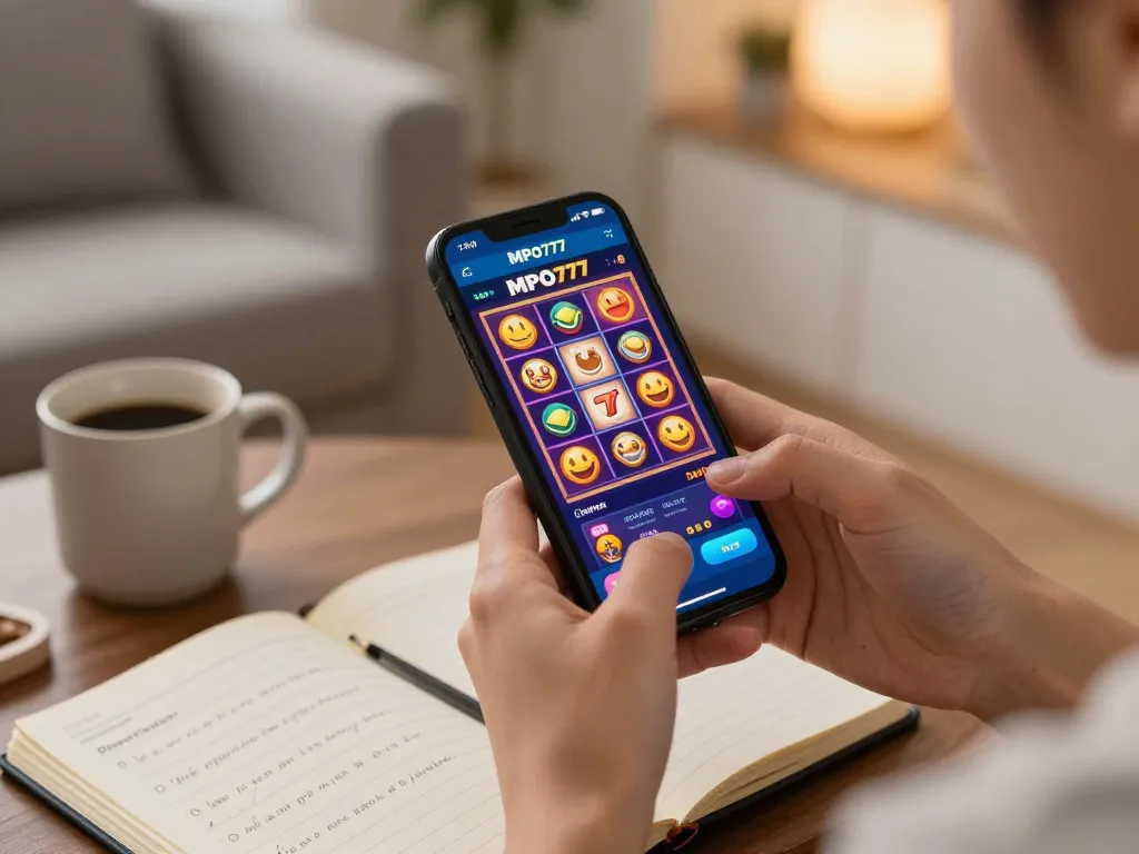 Engaging mobile gaming scene with MPO777 slot gameplay on a smartphone, showcasing vibrant action and strategy