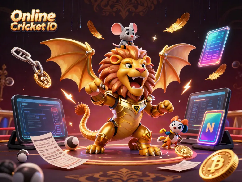 Engage in thrilling cricket betting with a verified Online Cricket ID, featuring a golden chimera and vibrant crypto elements.