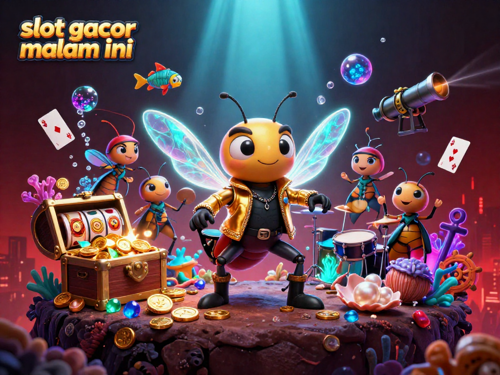 Engage with slot gacor malam ini showcasing an energetic cicada rock star and vibrant casino-themed elements.