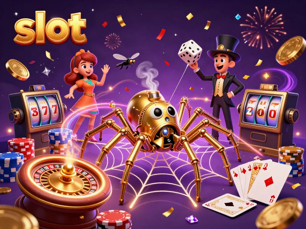 Experience exhilarating slot action with a whimsical golden spider and playful characters in an enchanting casino scene.