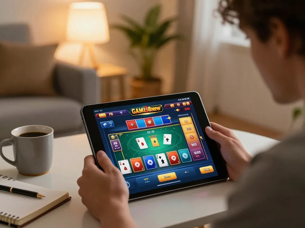 Engaged player exploring Game 88new on a tablet in a cozy living room.