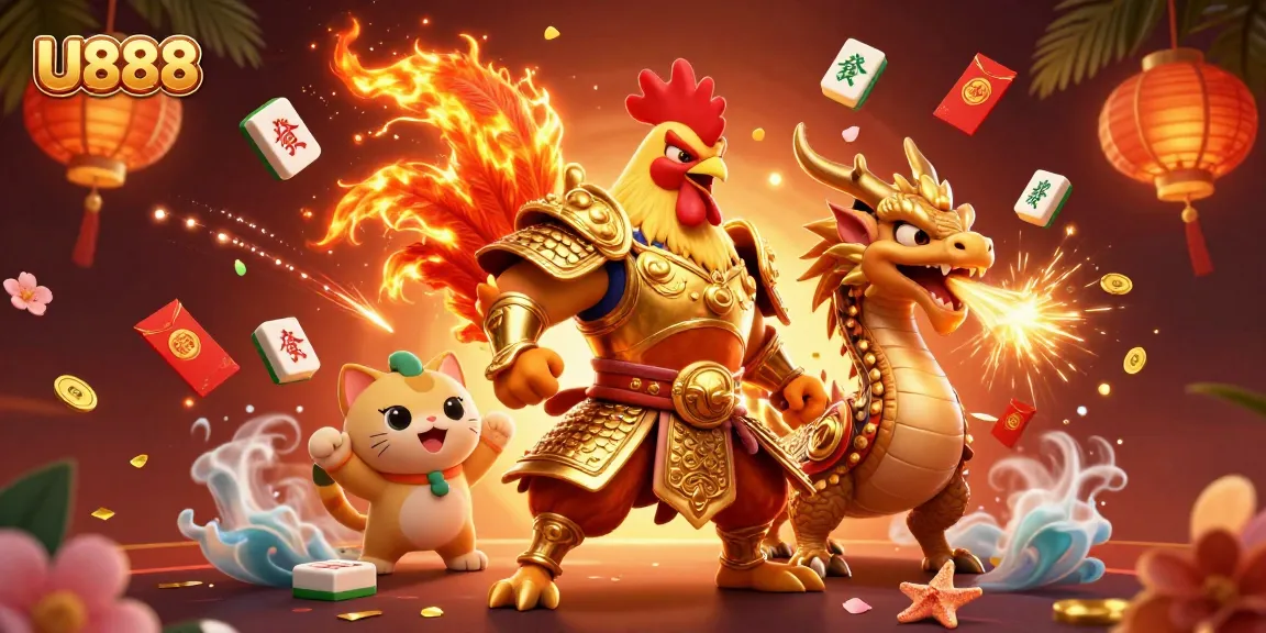 U888 showcases a powerful fighting rooster and dragon amidst vibrant gambling elements.