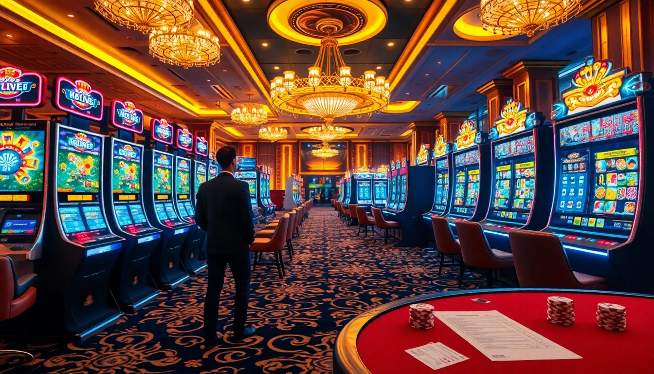 Experience thrilling wins at slot777 machines with vibrant graphics and dynamic lights in this exciting casino scene.