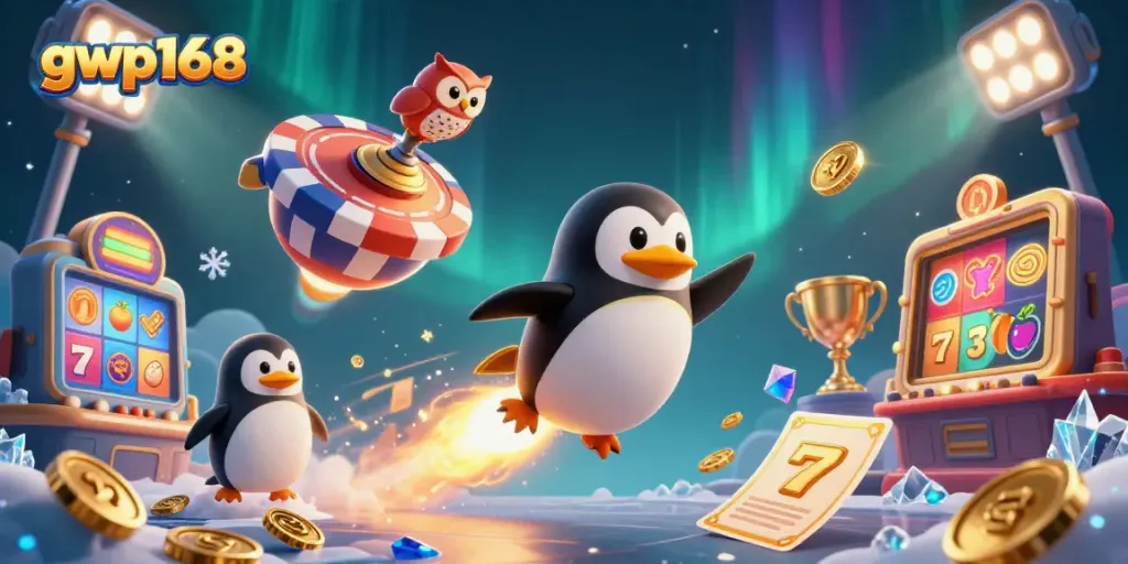 Permainan menarik di gwp168 dengan karakter penguin bertema kasino dan elemen perjudian.