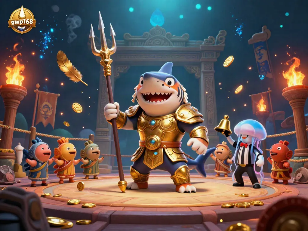 GWP168, simbol kemenangan dengan hiu kartun berperisai beraksi di arena slot.