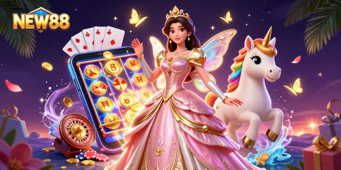 Join NEW88 for exciting slot games and magical features in this vibrant 3D casino scene.