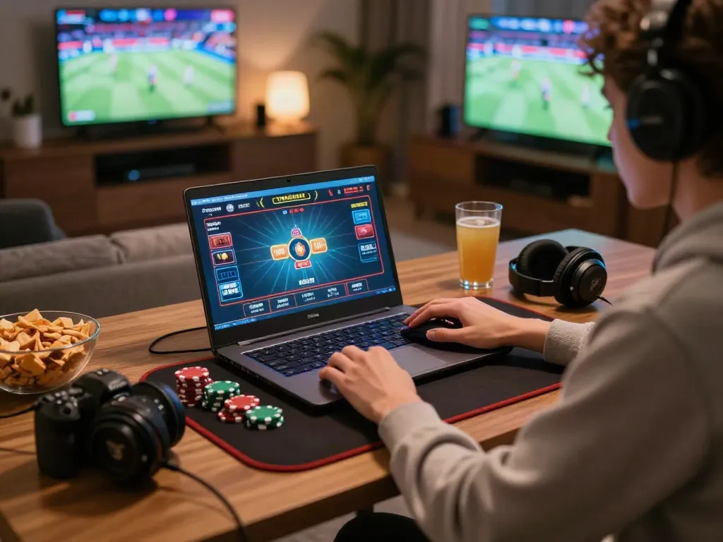 A person engaging with akunjp online gaming, featuring a laptop, gaming accessories, and a cozy living room setting.