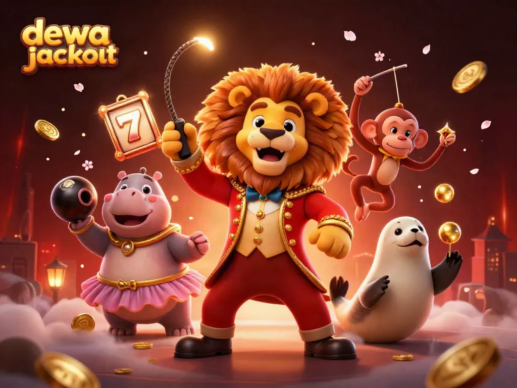Menghadapi dewa jackpot, singa penunggang sirkus dalam ilustrasi 3D memukau dengan elemen kasino.