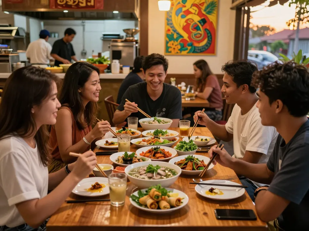 Enjoy a vibrant dining experience at https://www.saigoncafesterling.com/menus with friends sharing delicious Vietnamese dishes.