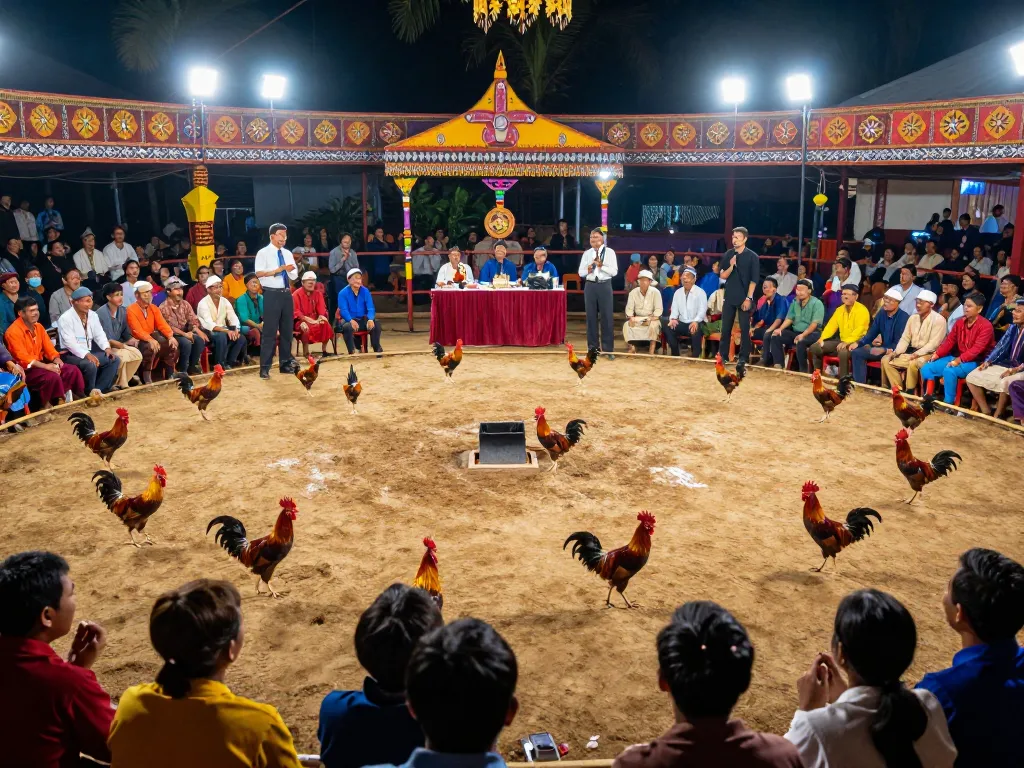 Witness the thrilling intensity of đá gà campuchia with roosters competing vigorously in a vibrant arena, as passionate spectators cheer.