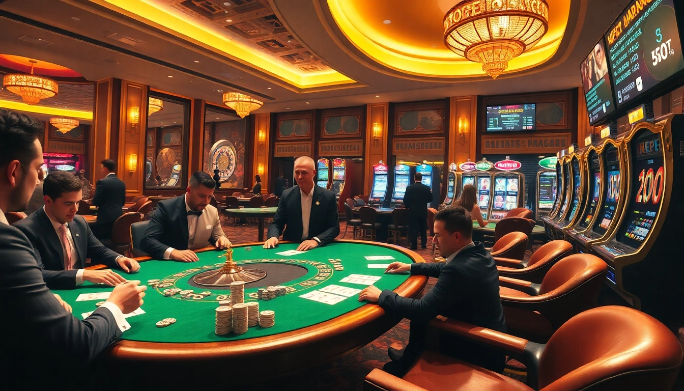 Players engaging in high-stakes poker at an elegant casino highlighting https://bem88.com for premium gaming experiences.