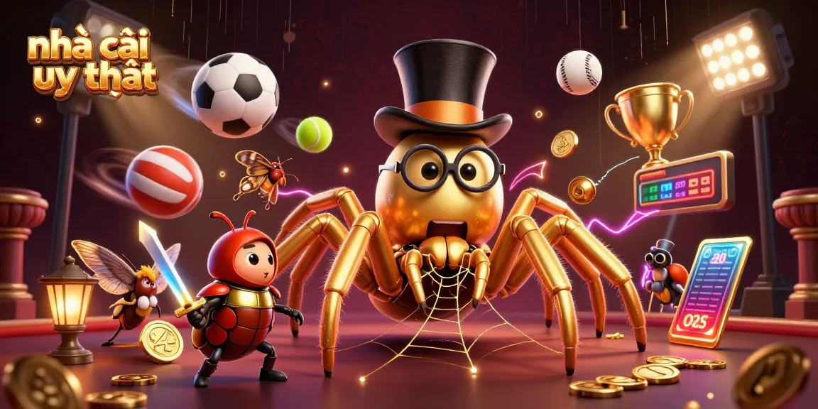 The scene illustrates a vibrant representation of nhà cái uy tín with a golden tarantula and a knight amid flying sports balls, depicting online casino excitement.