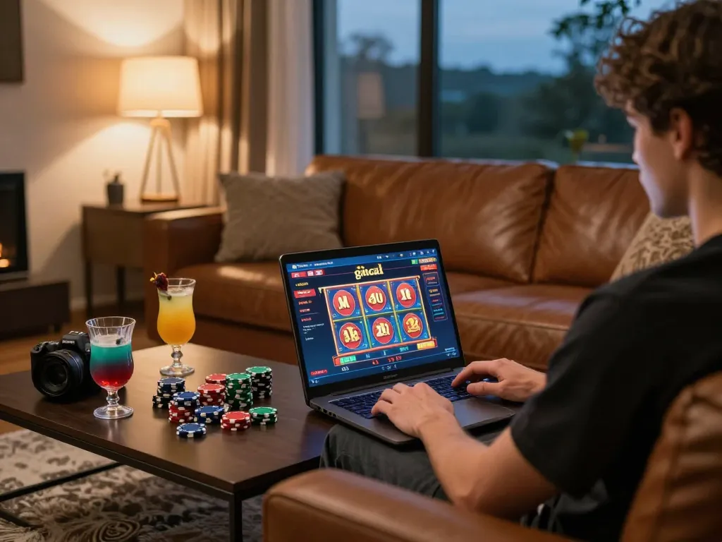 Player enjoying online slots from gincal on laptop at home, creating a cozy gaming atmosphere