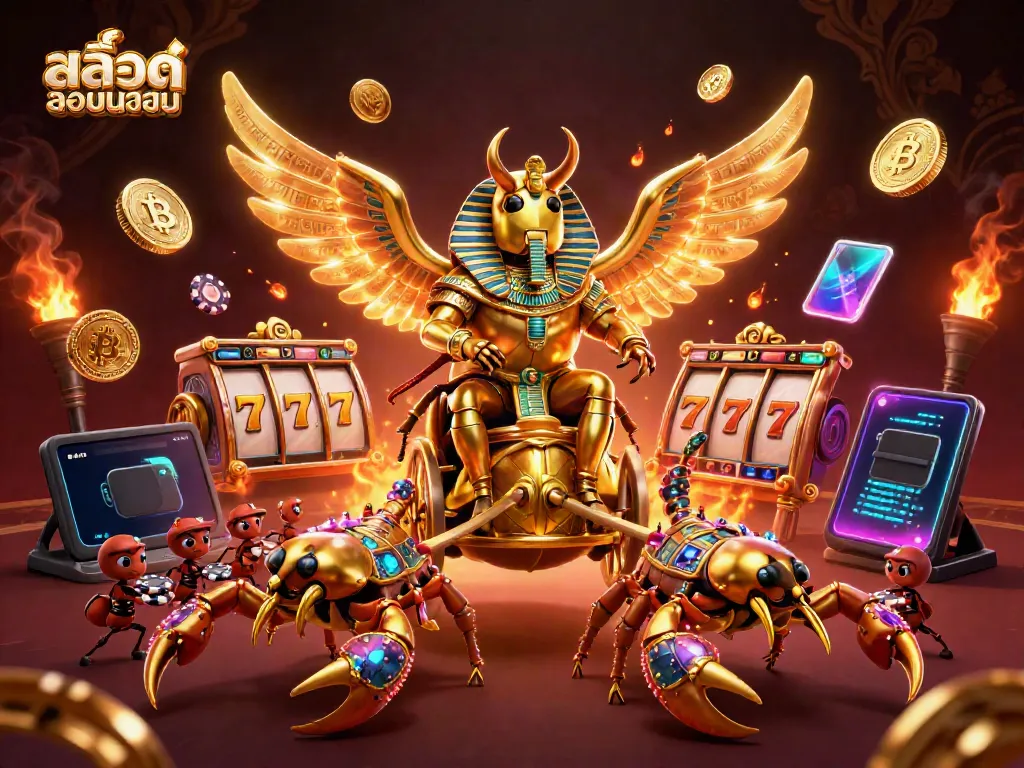 Experience สล็อตยอดนิยม with exciting slot reels and a majestic beetle in a 3D casino scene.