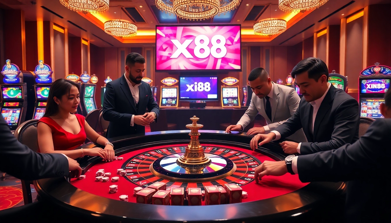 Engaging players at a roulette table showcasing the premier online platform xin88 with vibrant casino elements.
