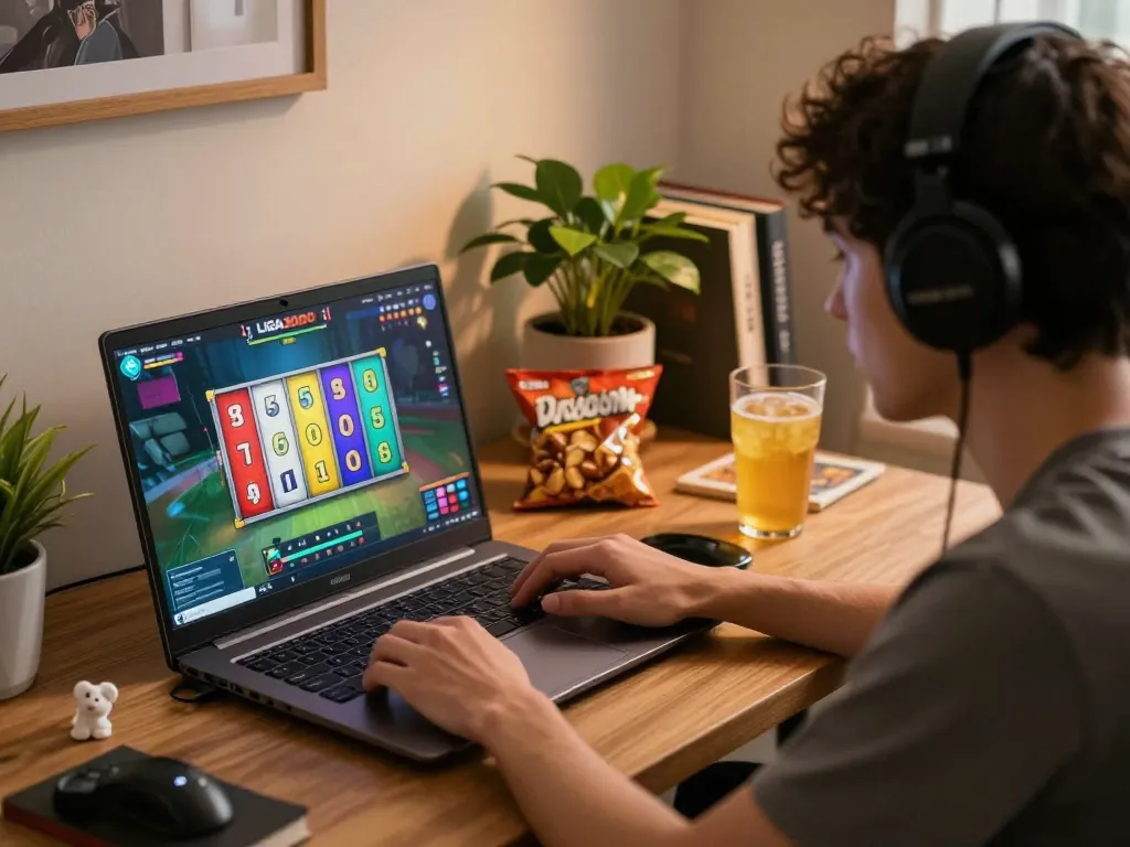 LIGA2000 online slot gaming experience at home with vibrant reels and cozy atmosphere