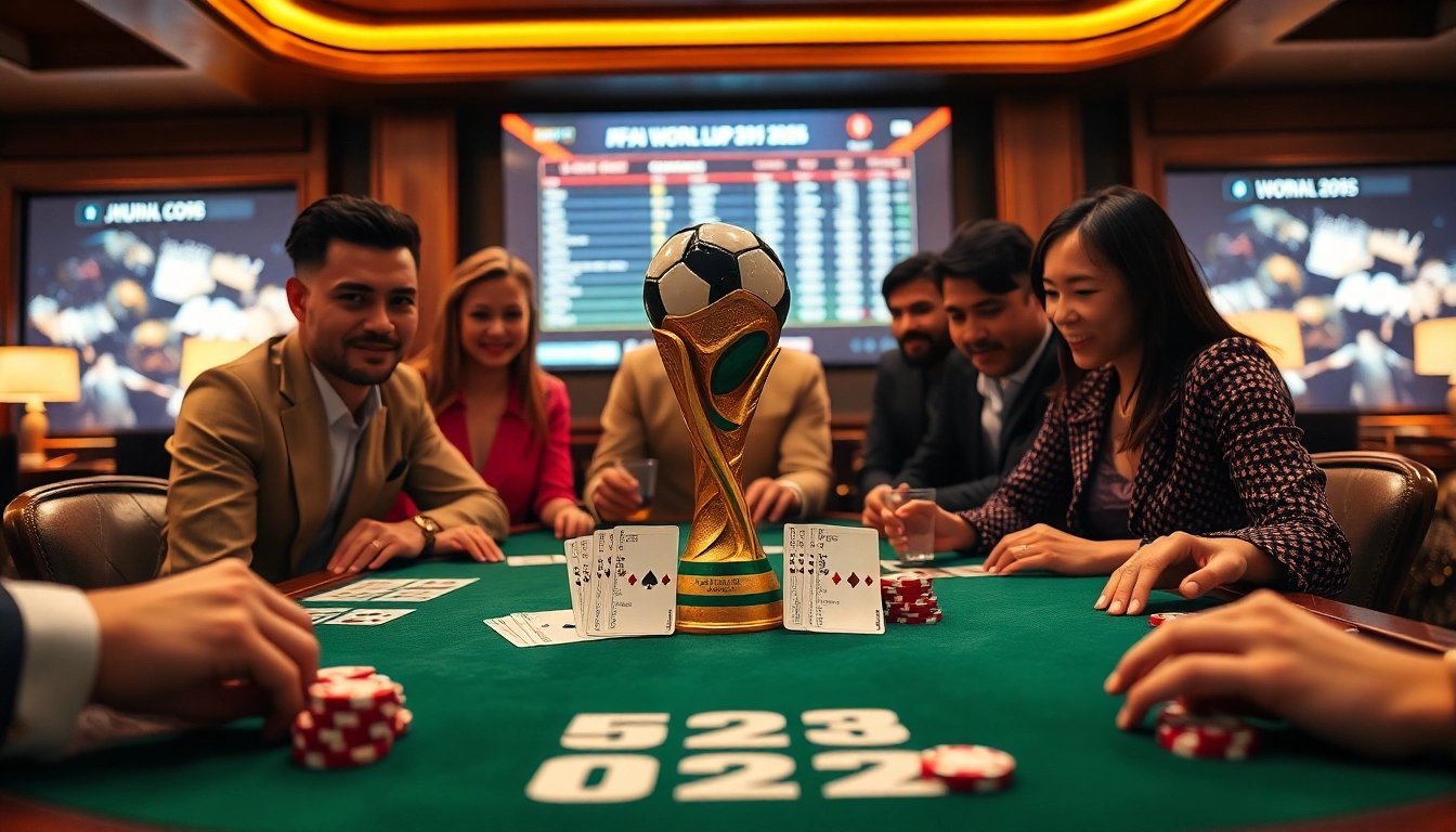 Experience Judi Bola excitement with bettors at a luxurious gaming table in a vibrant casino.