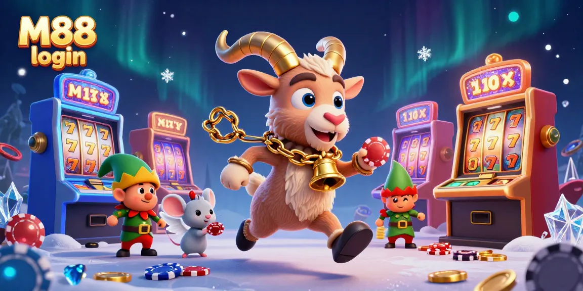 Experience excitement with M88 login at a dynamic casino scene featuring festive characters and vibrant gaming elements.