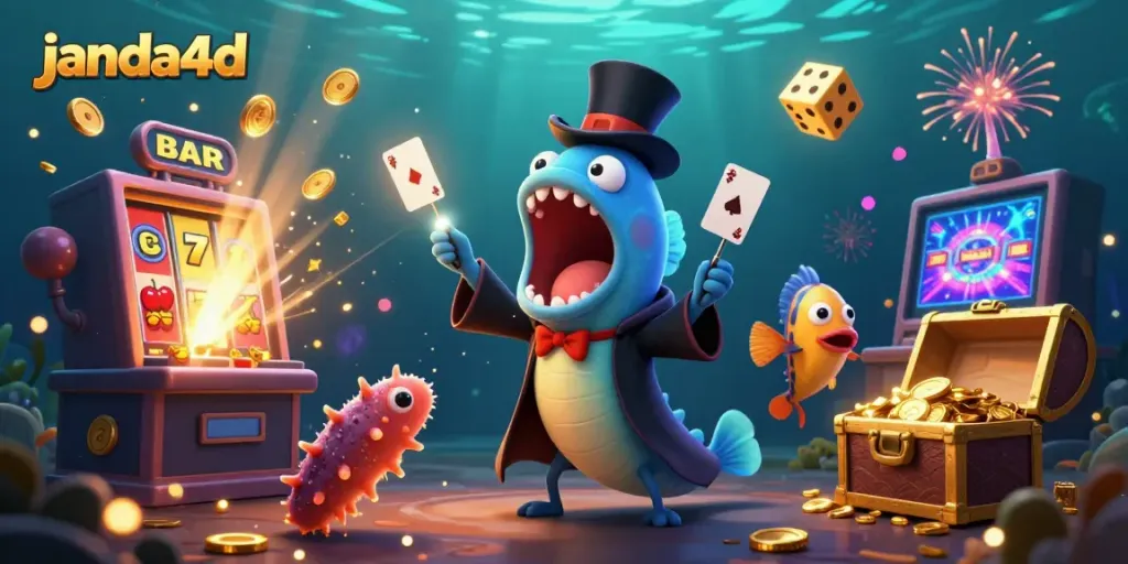 Gambar menarik janda4d menampilkan hiu guper bioluminescent dan teman-temannya sedang menunjukkan trik sulap pada mesin slot emas yang mengeluarkan koin jackpot.
