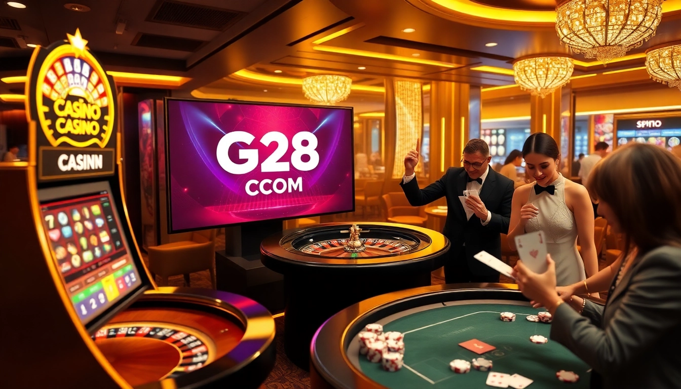 Gamblers enjoying G28 COM with engaging online casino visuals and vibrant game elements.