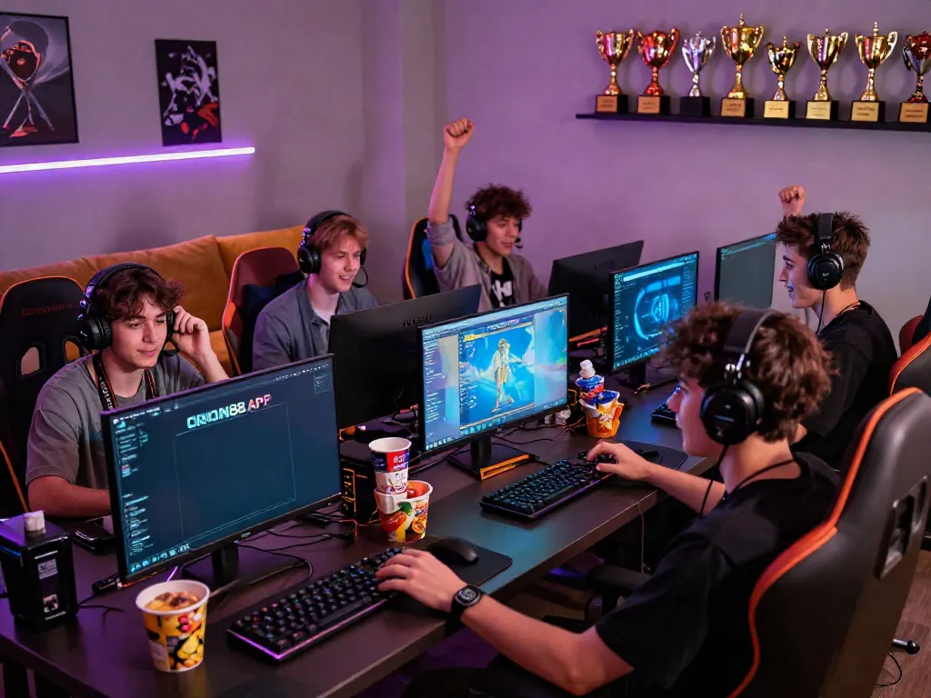 Friends enjoying ORION88 APK gaming session in a vibrant setup, showcasing camaraderie and excitement.