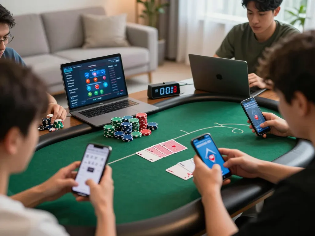 Players engage in an online poker game on dinamit4d, showcasing strategy with chips organized and cards visible.