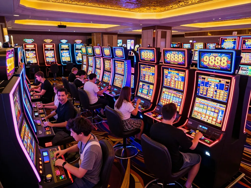 Players excitedly engaging with colorful 988slot machines in a lively casino atmosphere