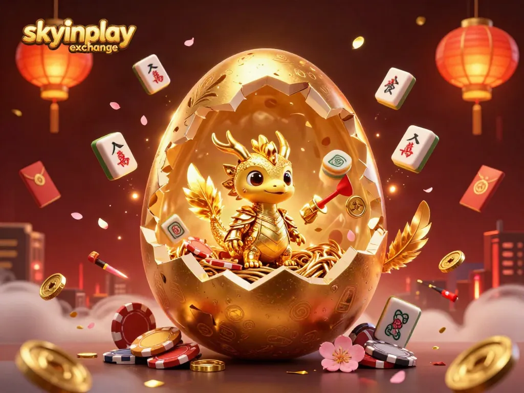 Engage in exciting moments with skyinplay exchange as a golden dragon emerges amidst floating poker chips and festive decorations.