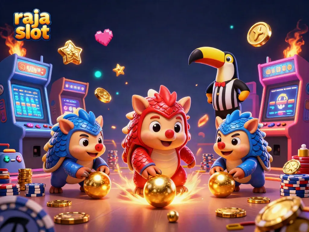 Raja slot meraih kemenangan dengan pangolin dan tumpukan chip poker berkilau.