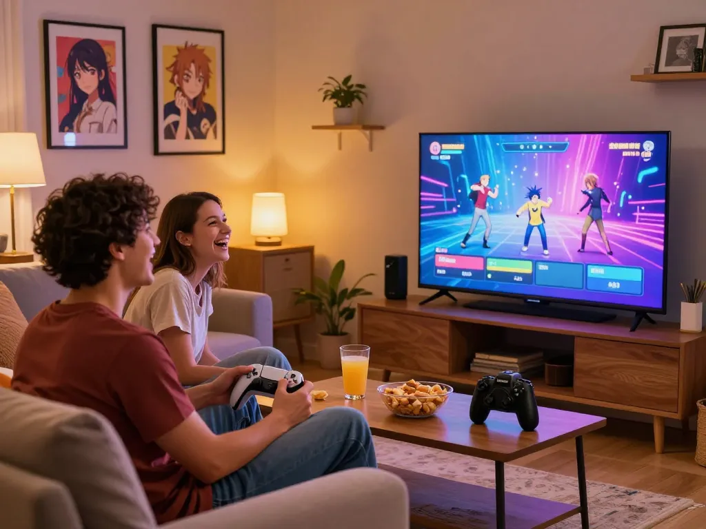 Couple enjoying sex games on TV in cozy living room.