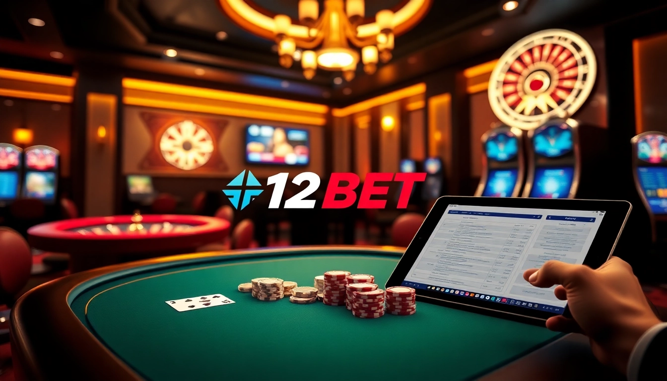 Experience thrilling gameplay at 12BET with vibrant casino visuals featuring roulette, poker, and slot machines.