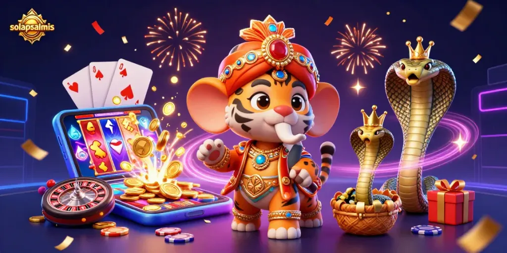 Experience rich slot adventures with solapsalmis in a vibrant 3D casino scene, featuring unique characters and elements.