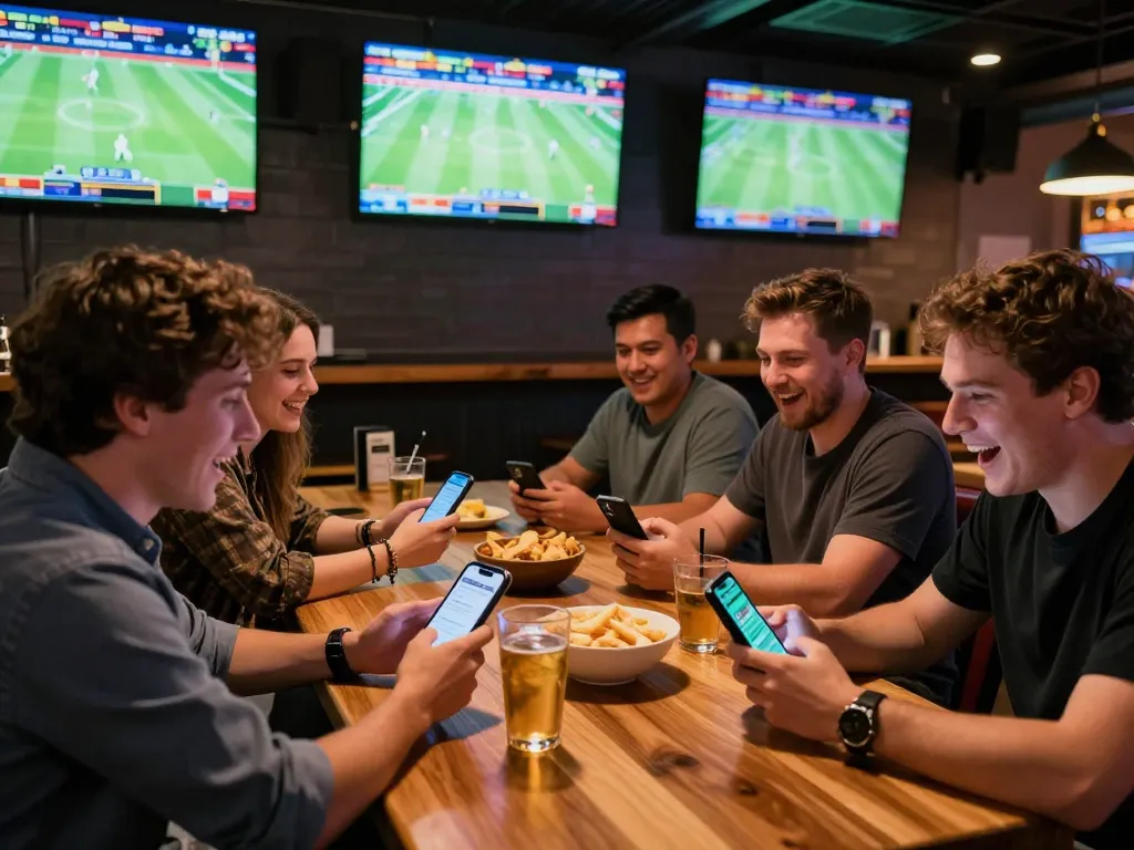 Tỷ lệ kèo trực tuyến engagement at a sports betting bar with friends placing live bets