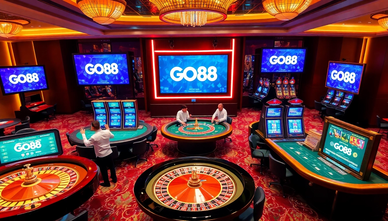 GO88 gambling scene with poker tables, slot machines, and vibrant players enjoying casino action.