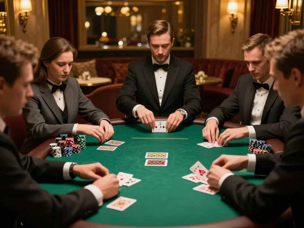 Players engrossed in a high-stakes poker game at 78win's exclusive VIP lounge, showcasing intense strategy.