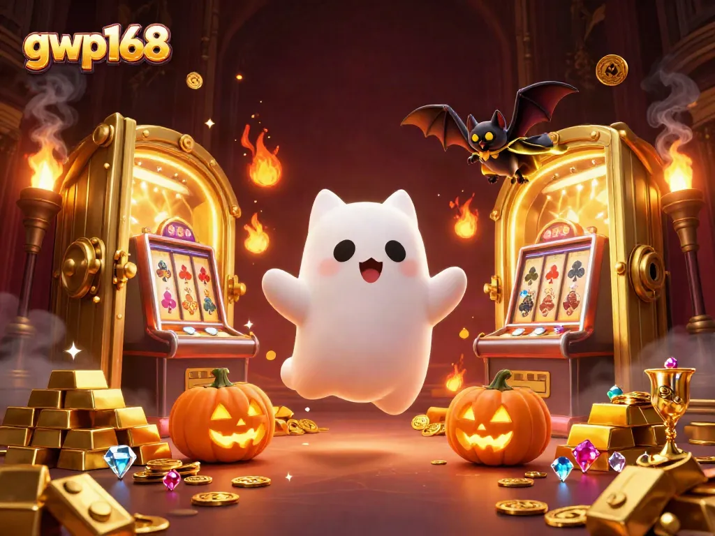GWP168 menghadirkan suasana kasino dengan hantu kucing, kelelawar, dan jack-o-lantern di sekitar kekayaan.