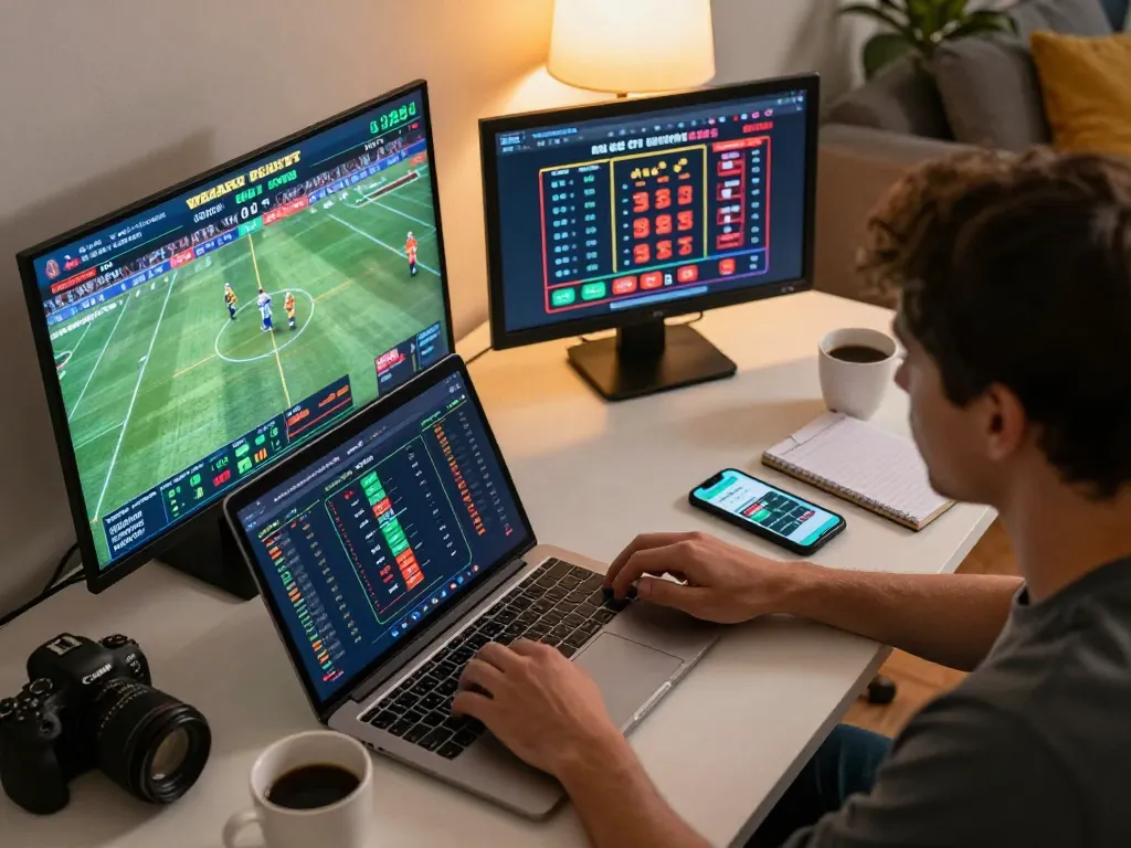 Placing strategic bets on ok365 with live sports displayed on multiple screens, showcasing a dynamic betting environment.