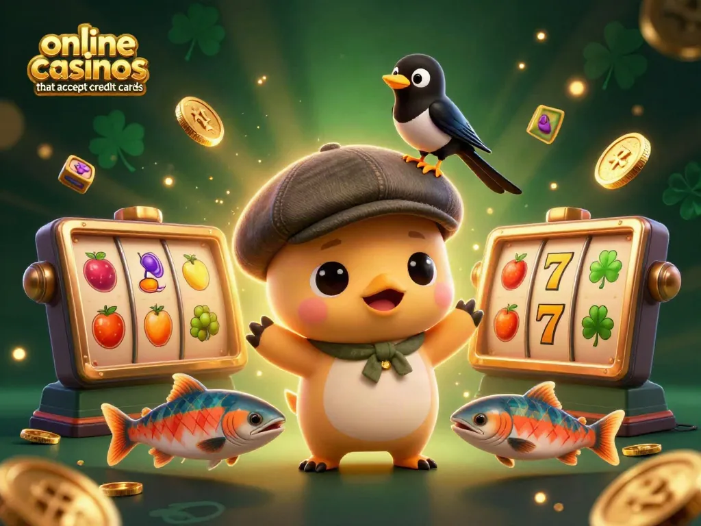 Play and win at online casinos that accept credit cards with thrilling animated characters in a colorful casino setting.