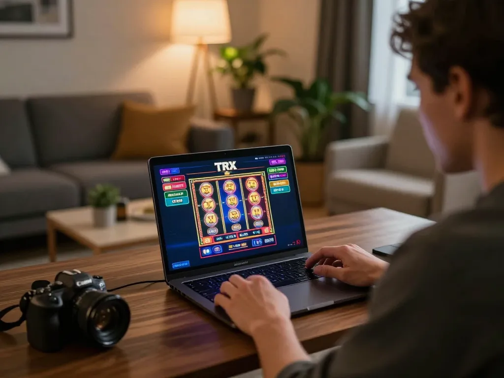 Play with TRX in an inviting online gaming session on laptop, showcasing immersive casino graphics.