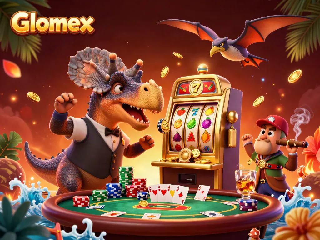 Glomex casino illustration showcasing a pachycephalosaurus triggering a jackpot at a slot machine surrounded by vibrant game elements.