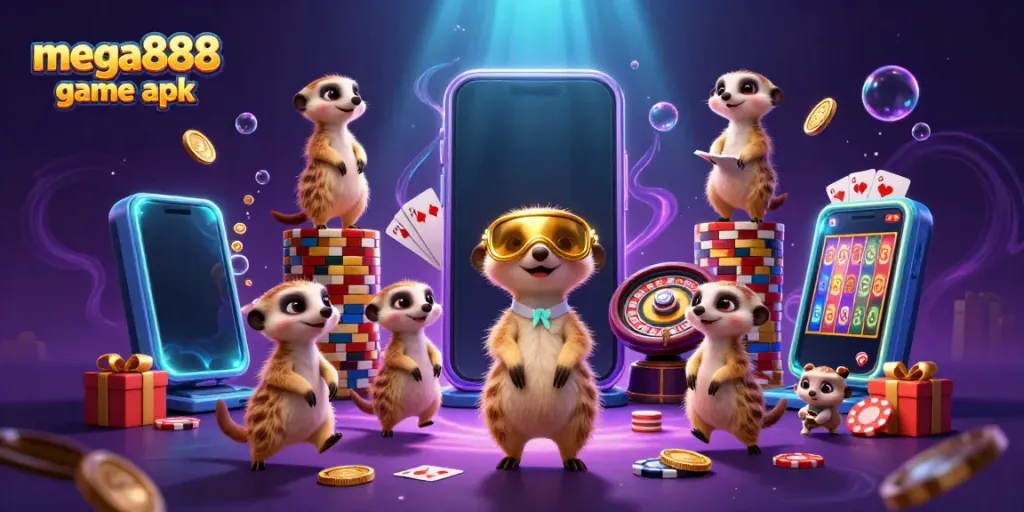 Experience excitement with the mega888 game apk through playful meerkats in a dynamic casino scene.
