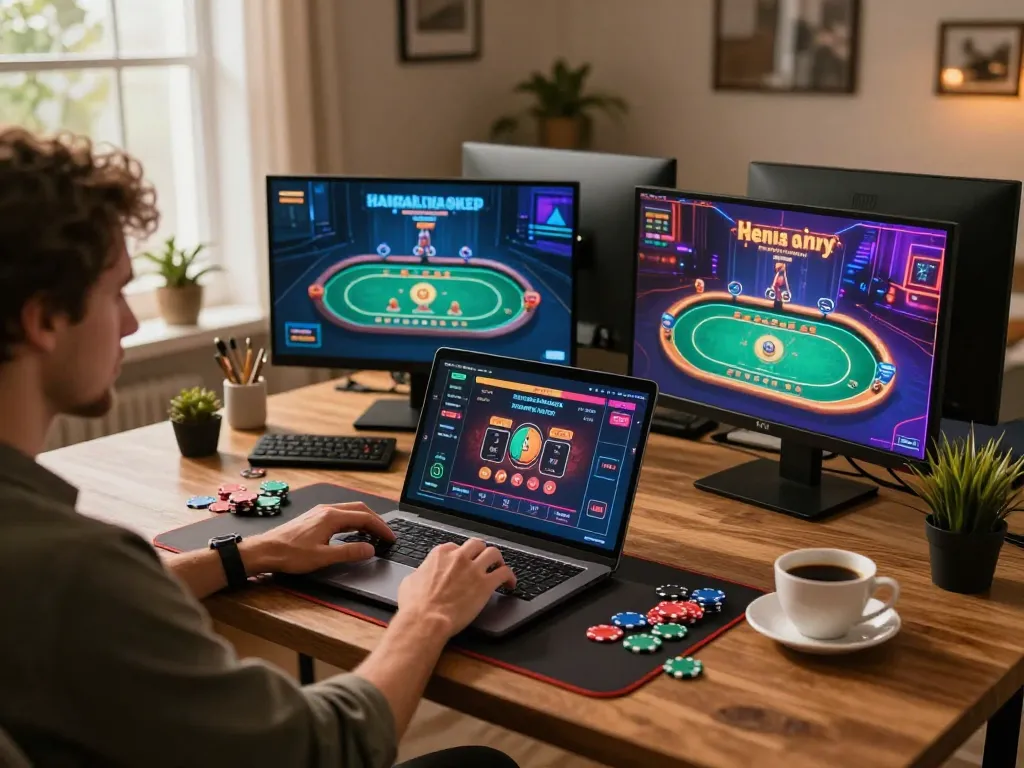 Engaging in online casino gameplay on vipwin, vibrant poker chips and a cozy workspace create an inviting gambling atmosphere