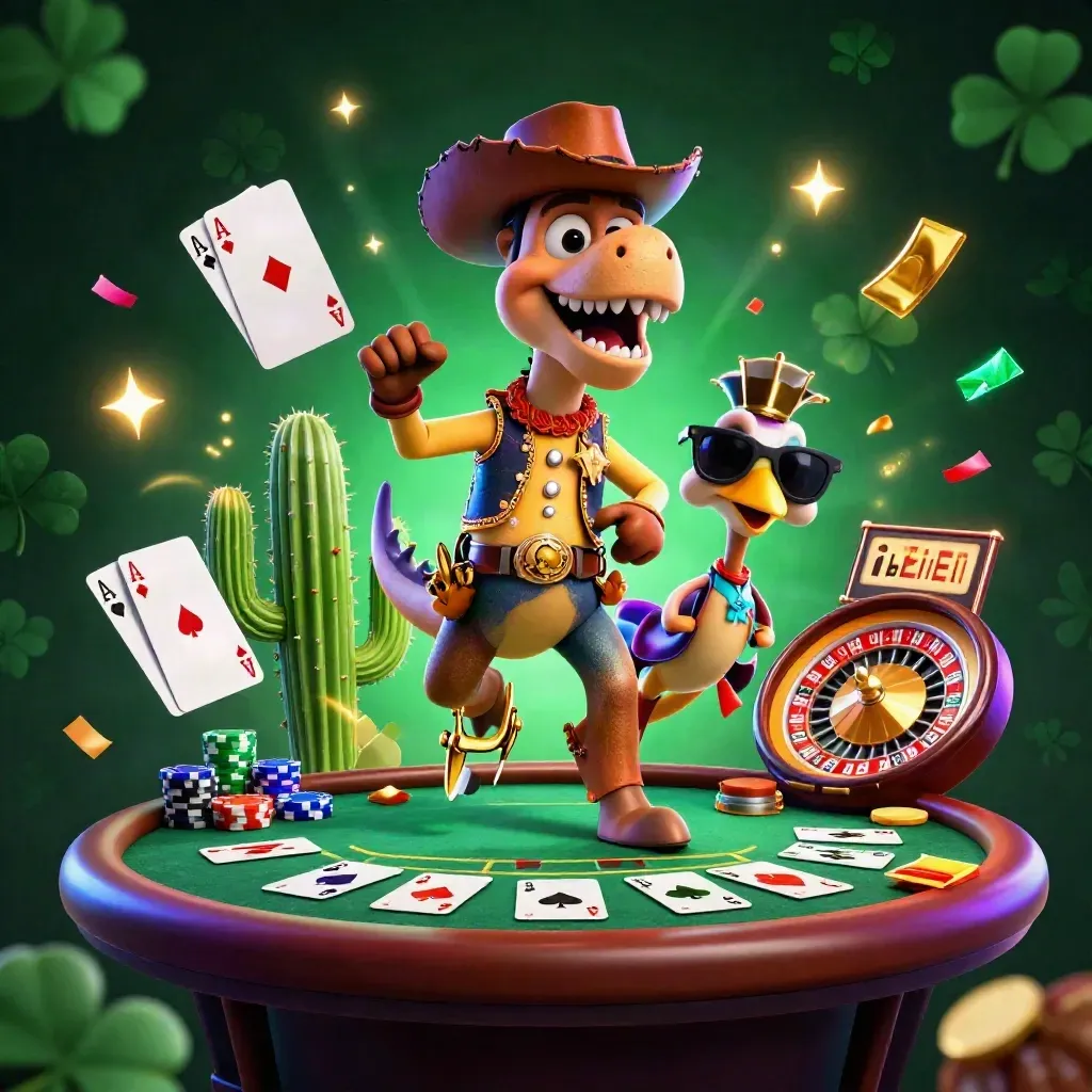 Cowboy T-Rex, cactus pal, and sheriff roadrunner in a neon casino scene with cards, chips, and fireworks