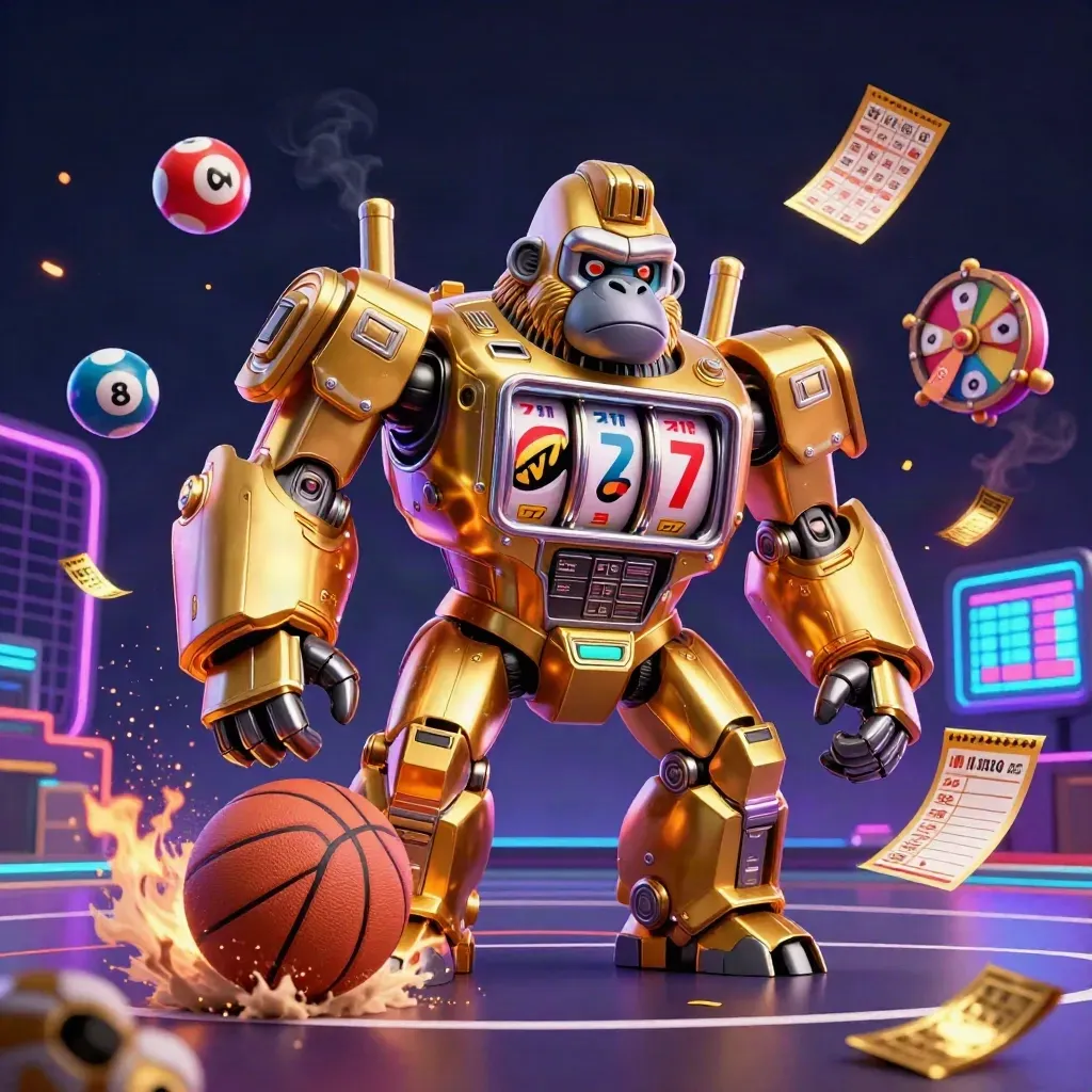 Golden gorilla mech on neon court with balls, prize wheel, and casino props in a dramatic burst