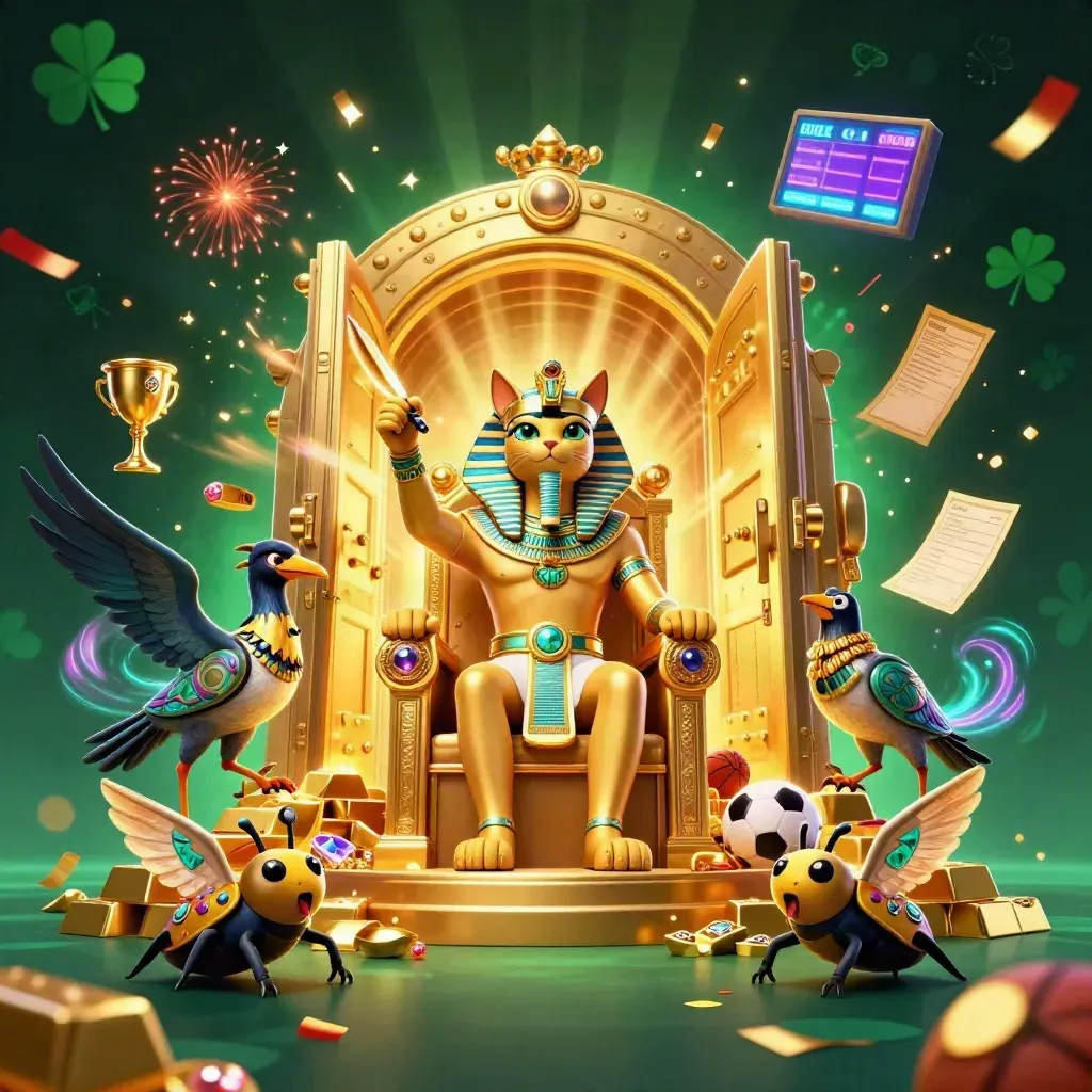 Pharaoh cat, ibis scribe, and scarab beetles burst from a golden vault amid casino sports props.