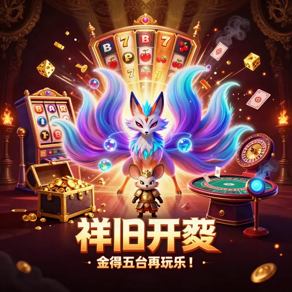 Nine-tailed fox spirit and samurai mouse amid casino magic, gold treasure, and neon light.