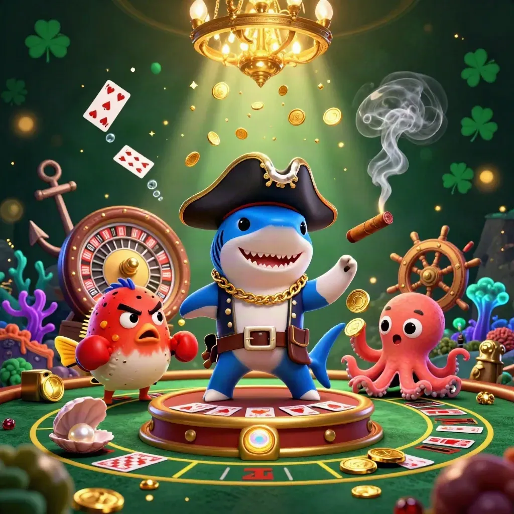 Pirate shark, boxing pufferfish, and coin-juggling octopus in a glowing underwater casino cove.