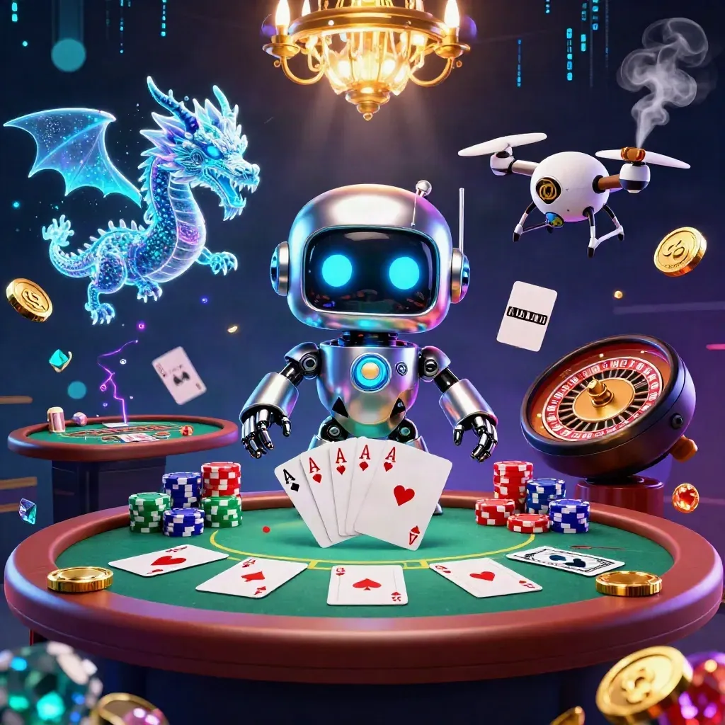 Cyberpunk robot, holographic dragon, and coin drone in a luxe casino scene with cards, chips, and neon light.