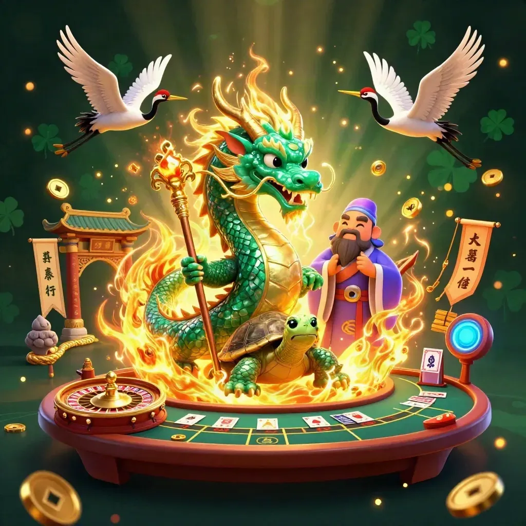 Emerald dragon, turtle sage, and cranes amid a luxe neon casino temple scene.